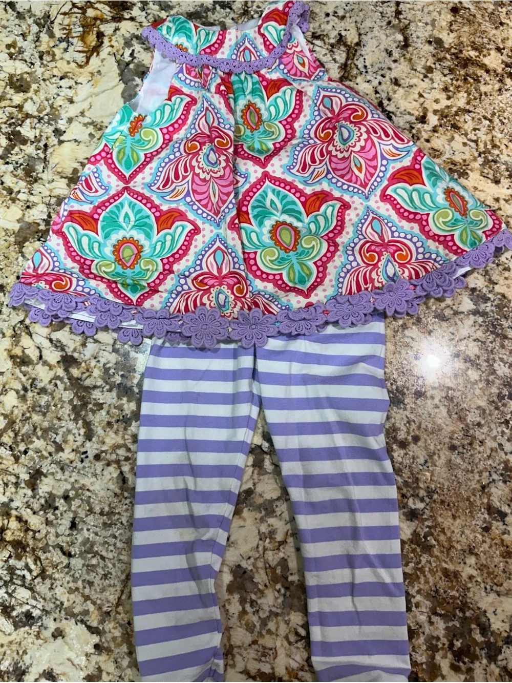 Girls 3T Counting Daises Two-Piece Floral & Stripe Outfit in Purple, Pink, Teal